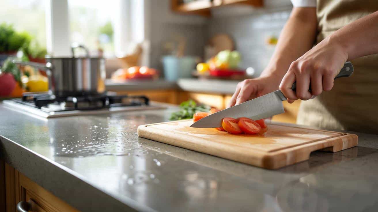 Przetrzyj blat pod deską do krojenia mokrą ścierką a deska stoi pewnie bez przesuwania