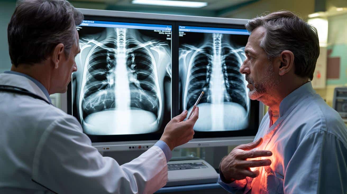 Radiolog opisuje co widzi na zdjęciach RTG płuc palaczy po 10 latach i po 20 latach palenia i dlaczego różnica między tymi dwoma obrazami zmienia decyzje pacjentów na miejscu