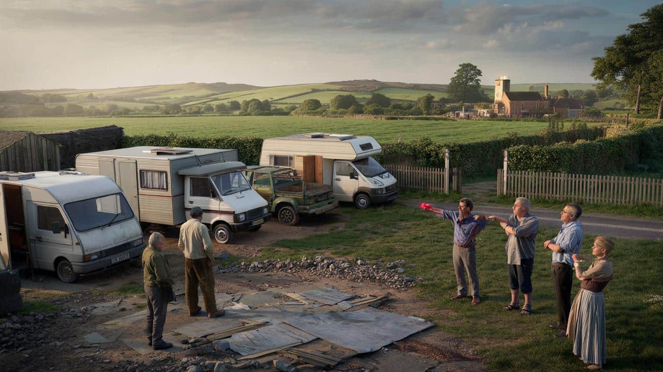 Rodzina w kamperach zajęła pole i żąda fortuny za wyjazd