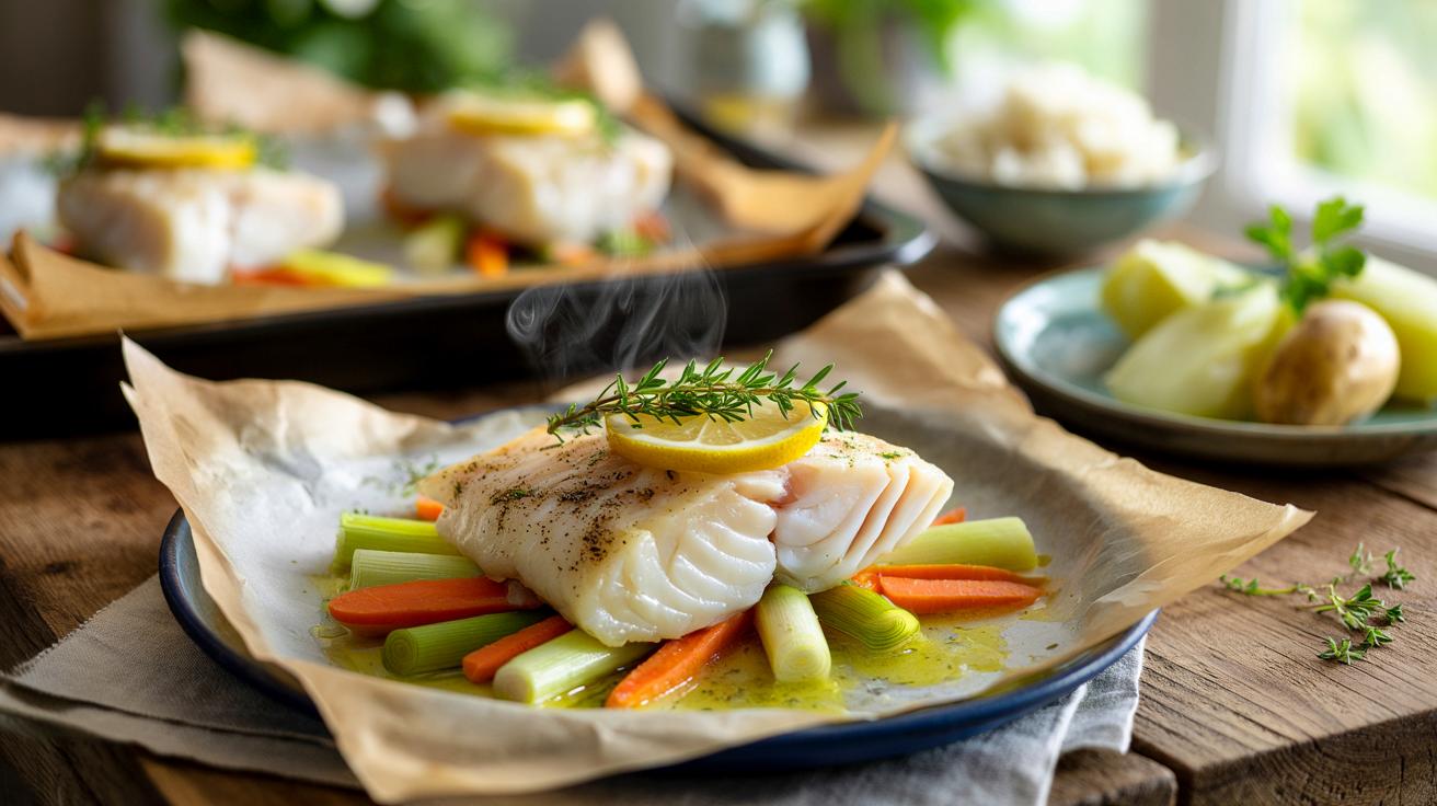 Ryba z piekarnika, która robi wrażenie w 12 minut: delikatny dorsz w paczuszce z warzywami