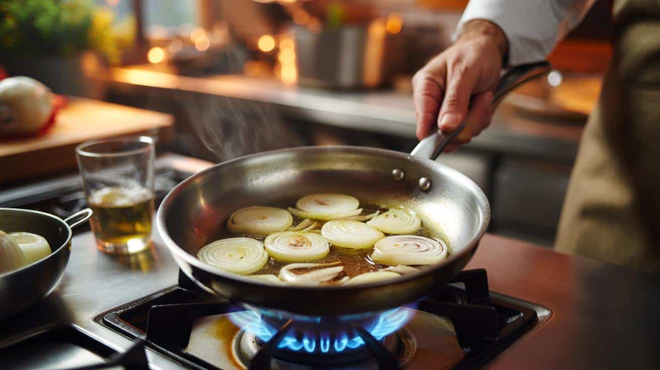 Sposób na to żeby cebula nie przypaliła się na patelni podczas długiego smażenia którego używają szefowie kuchni i który ma związek z temperaturą a nie z ilością oleju