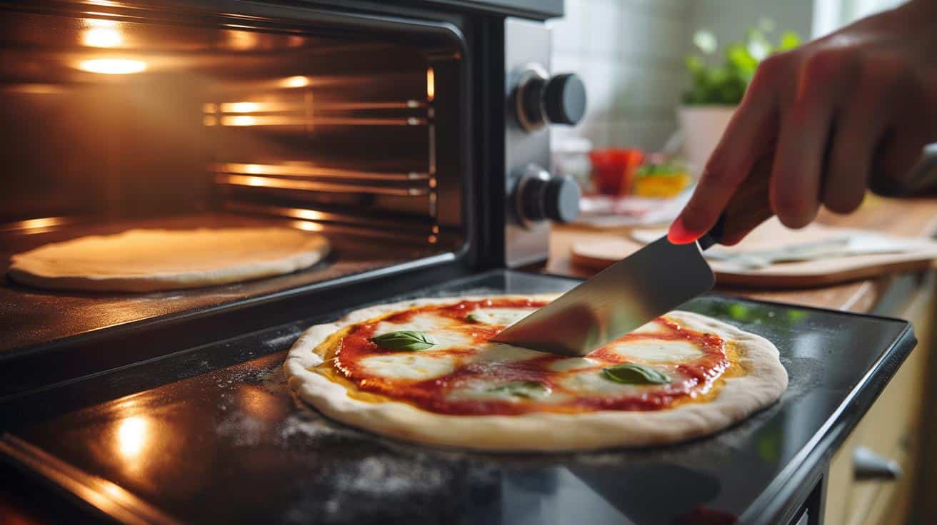 Sposób na to żeby domowa pizza wychodziła na cienkim i chrupiącym cieście bez kamienia do pizzy który stosują pizzaiole mieszkający w Polsce i który polega na temperaturze piekarnika i czasie podgrzewania blachy przed pieczeniem