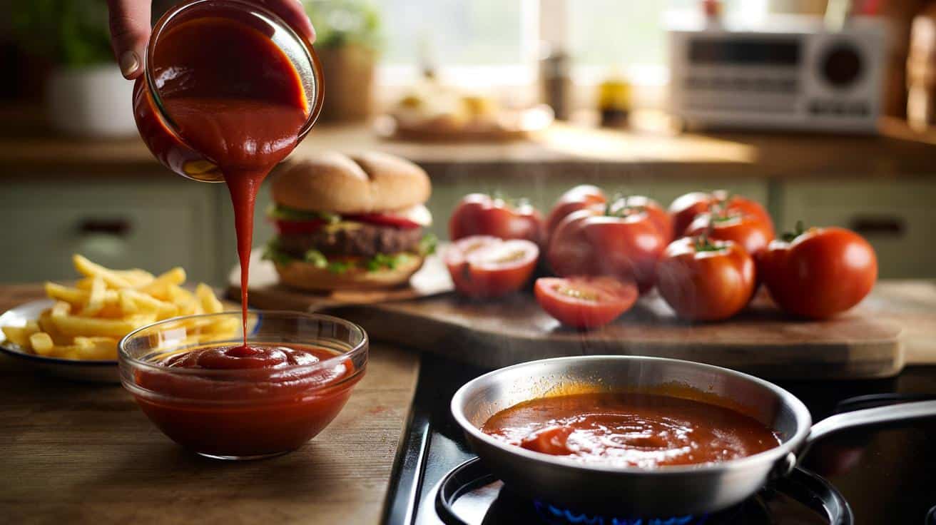 Sposób na to żeby domowy ketchup był gęsty i intensywny jak kupny który stosują restauracje i który polega na odmianie pomidorów i jednej czynności z sokiem przed gotowaniem a nie na ilości cukru