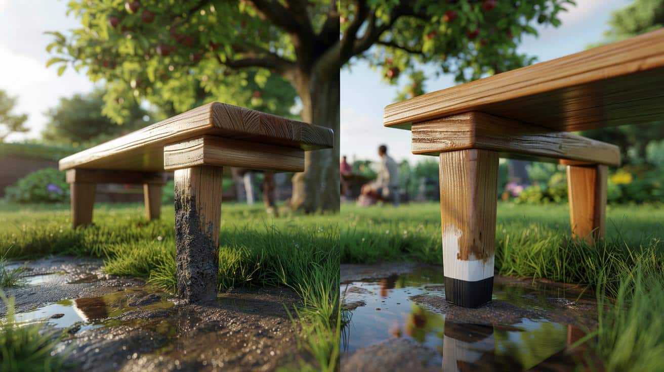 Sposób na to żeby drewniane ławki ogrodowe nie gniły od spodu przez pierwsze 10 lat który stosują producenci mebli ogrodowych i który polega na jednej warstwie ochrony nakładanej na dolne części nóg