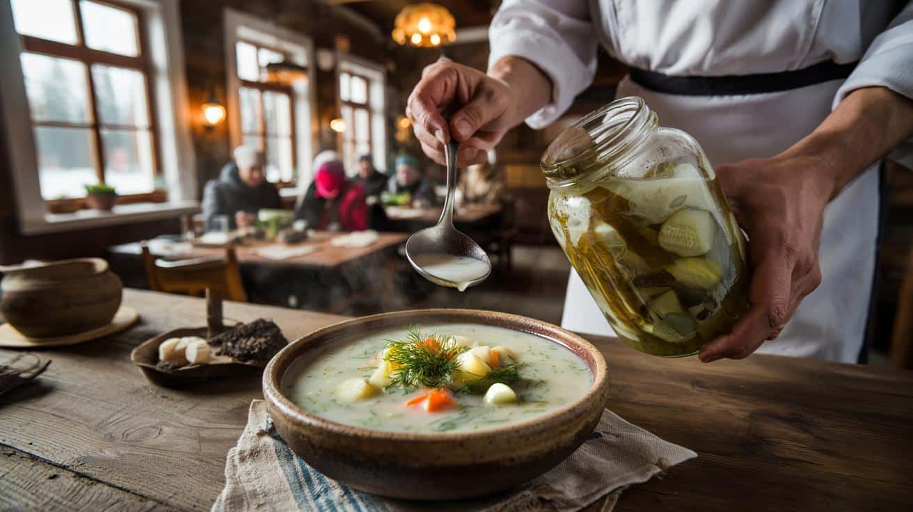 Sposób na to żeby ogórkowa zimowa kiszona gotowana miała smak świeżo kiszonej który stosują restauracje podające kuchnię staropolską i który polega na dodaniu jednego składnika na 5 minut przed podaniem