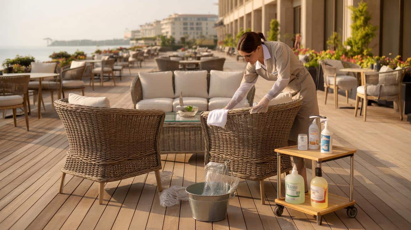 Sposób na to żeby ogrodowe meble rattanowe nie blaknęły i nie pękały przez pierwsze 5 lat który stosują firmy hotelarskie przy meblowaniu tarasów i który polega na jednej ochronie wykonywanej wiosną