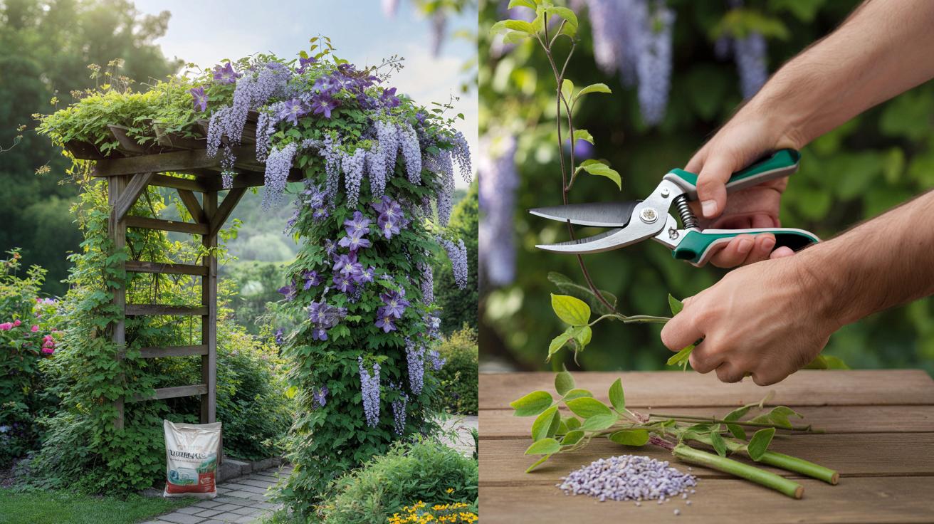 Sposób na to żeby ogrodowe pnącza takie jak powojnik i glicynia kwitły obficie każdego roku który stosują ogrodnicy i który polega na konkretnym cięciu wykonywanym dwa razy w roku a nie na nawożeniu