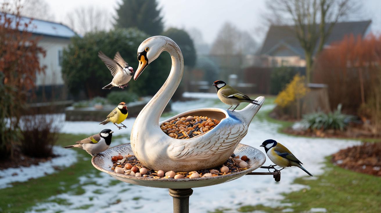 Stary łabędzi wazon z pchlego targu? Zrób z niego karmnik, który odmieni ogród zimą