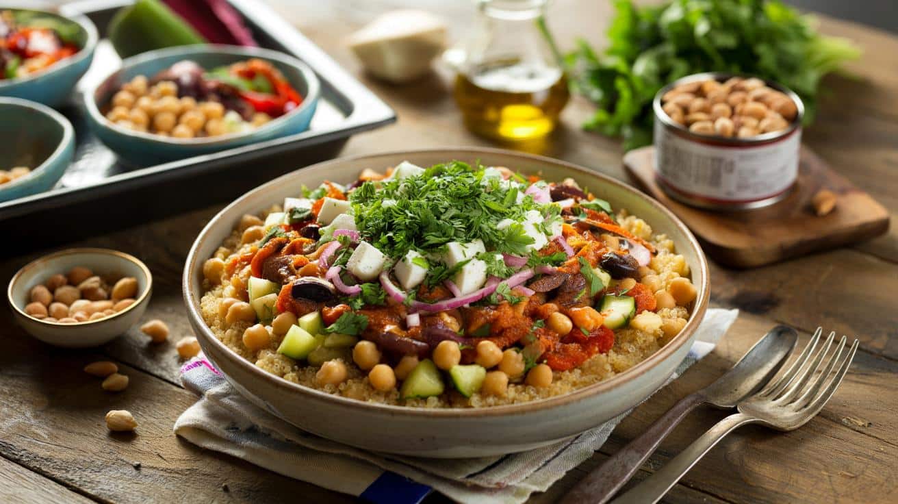 Tani obiad w stylu śródziemnomorskim: miska z komosą i ciecierzycą na cały tydzień