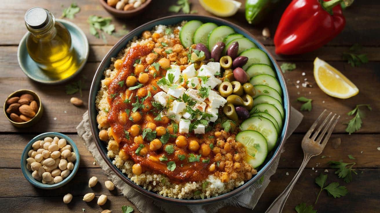 Tani obiad w stylu śródziemnomorskim: miska z komosy i ciecierzycy w 20 minut