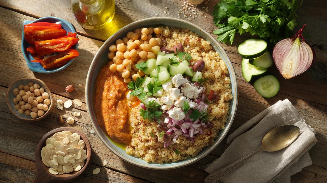 Tani obiad w stylu śródziemnomorskim: mój prosty hit z komosy i ciecierzycy