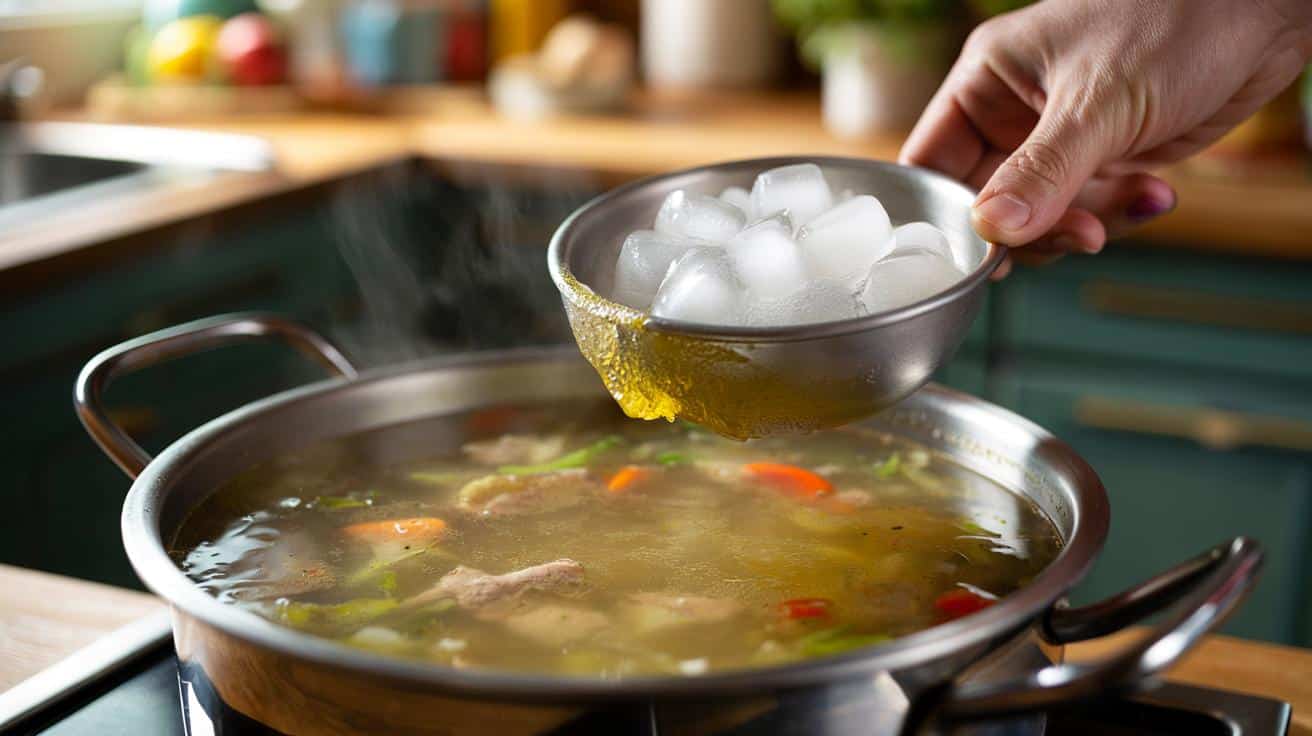 Ten sprytny trik z kostkami lodu sprawia że tłuszcz z zupy zbiera się w jednym miejscu