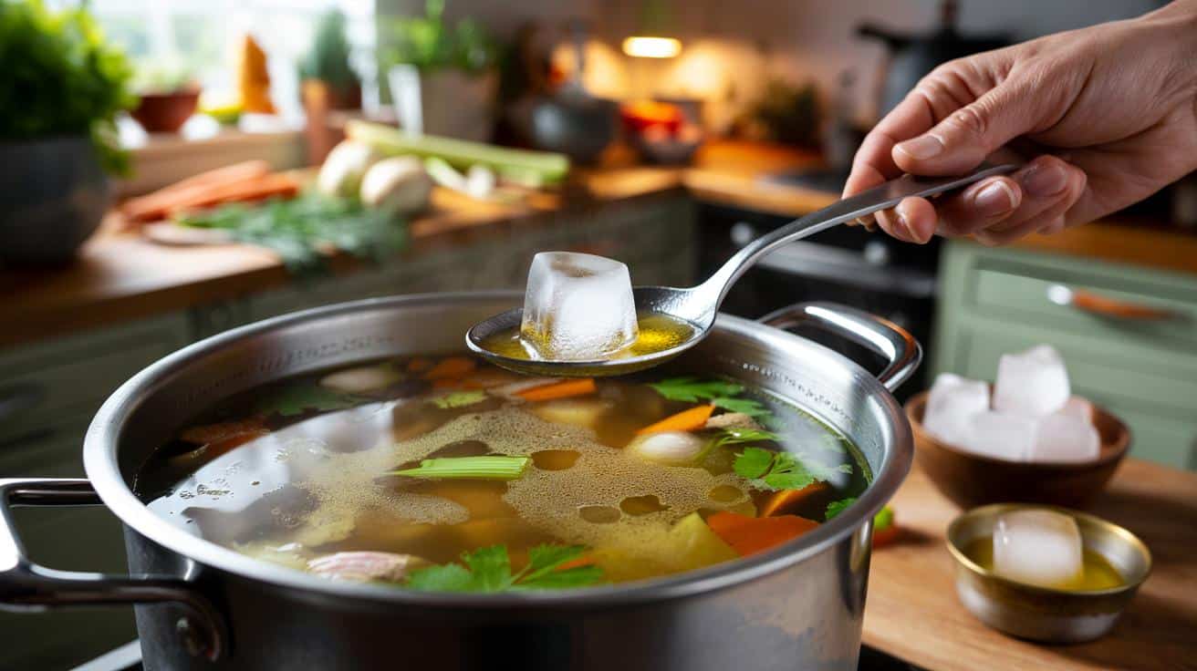 Ten trik z kostką lodu pomaga usunąć tłuszcz z rosołu