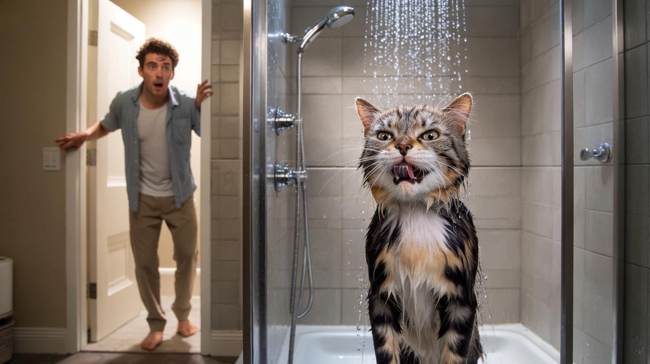 Usłyszał szum prysznica i spanikował. Za drzwiami czekał na niego… mokry kot