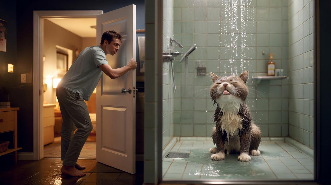 Usłyszał szum prysznica i spanikował. Za drzwiami czekał na niego… mokry kot