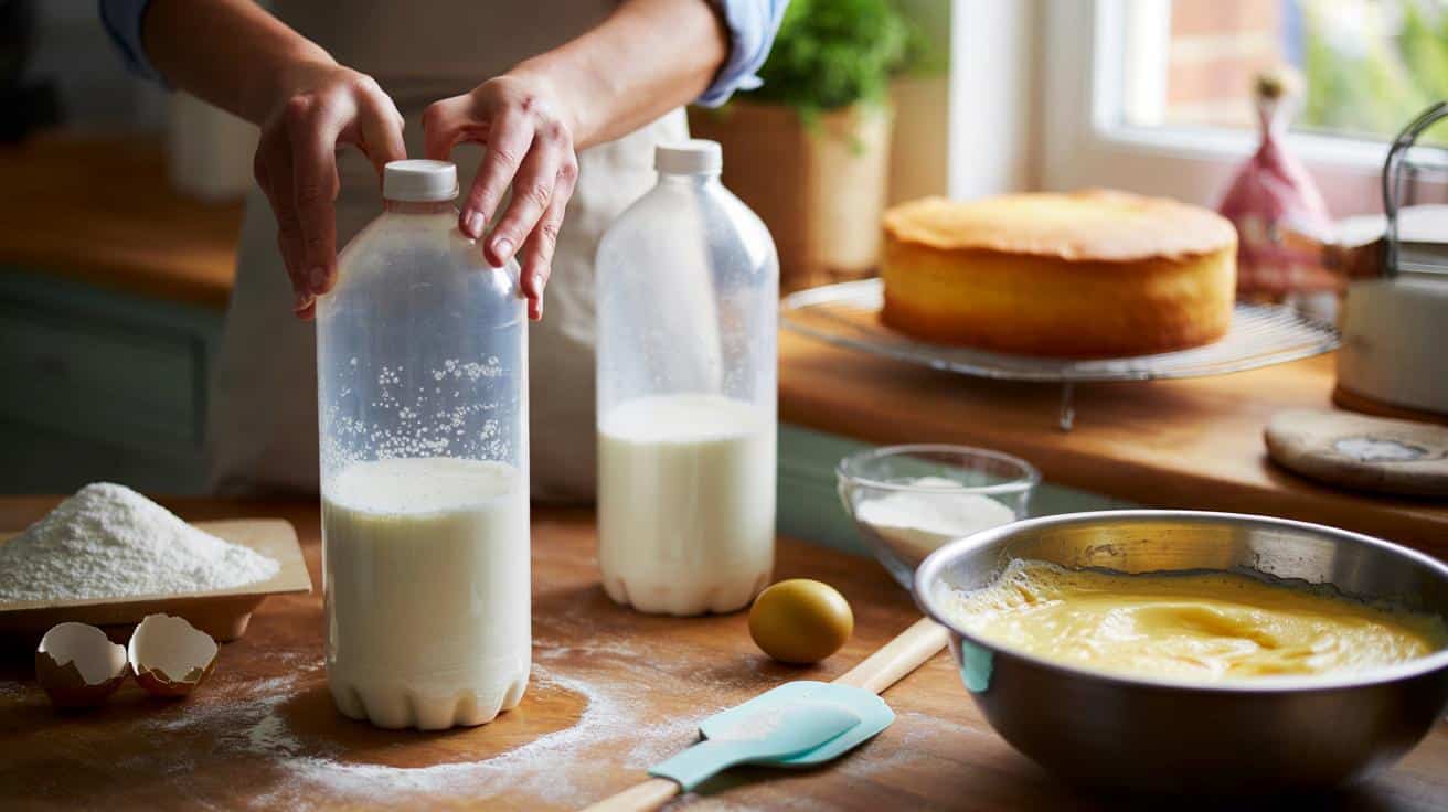 Wlej trochę mleka do butelki z zawieszoną mąką a ciasto biszkoptowe jest zawsze puszyste