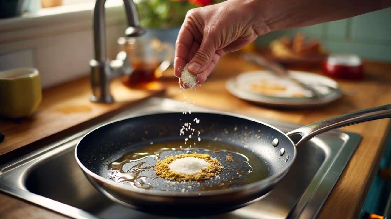 Wsyp garść soli do gorącej patelni a tłuszcz usuwa się bez żadnego chemicznego środka