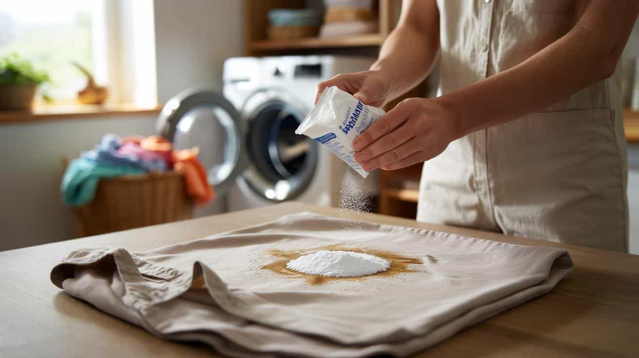 Wsyp proszek do pieczenia na tłustą plamę na ubraniu zanim trafi do pralki a plama znika
