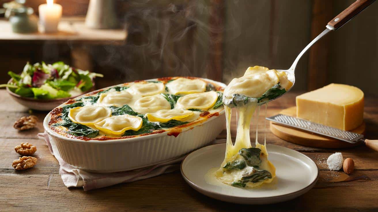 Zimowy obiad w 20 minut: kremowy zapiekany makaron z ravioli i szpinakiem pod serem