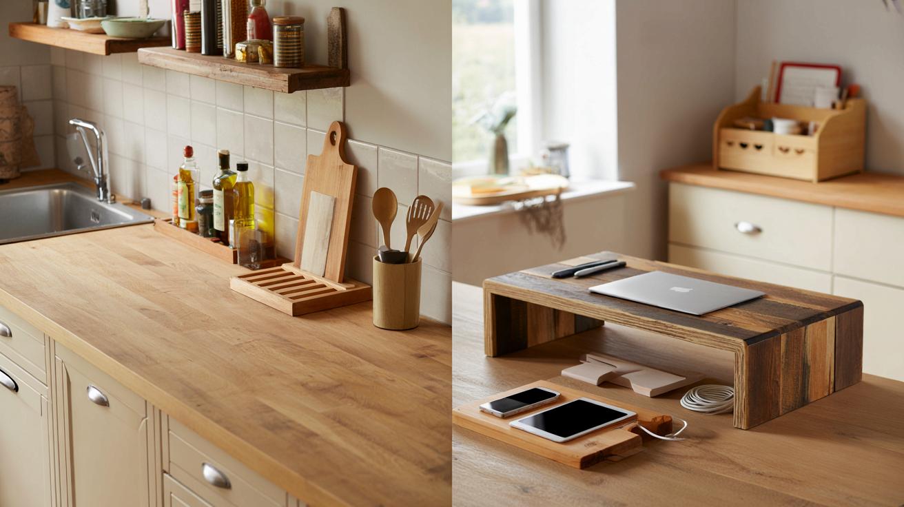 14 sprytnych patentów z odzyskanego drewna, które odchudzą blat w kuchni i biurze
