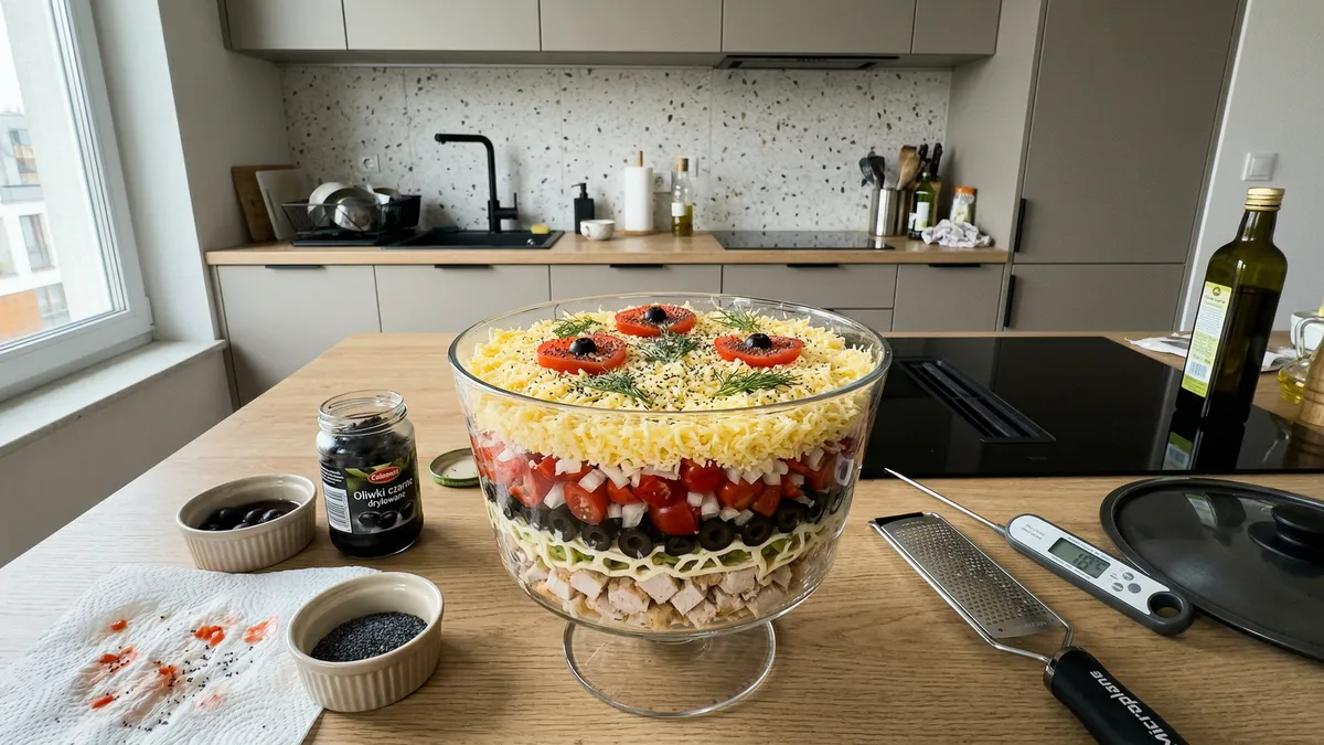 Jeden prosty trik i nie puści wody: warstwowa sałatka „Czerwone maki”