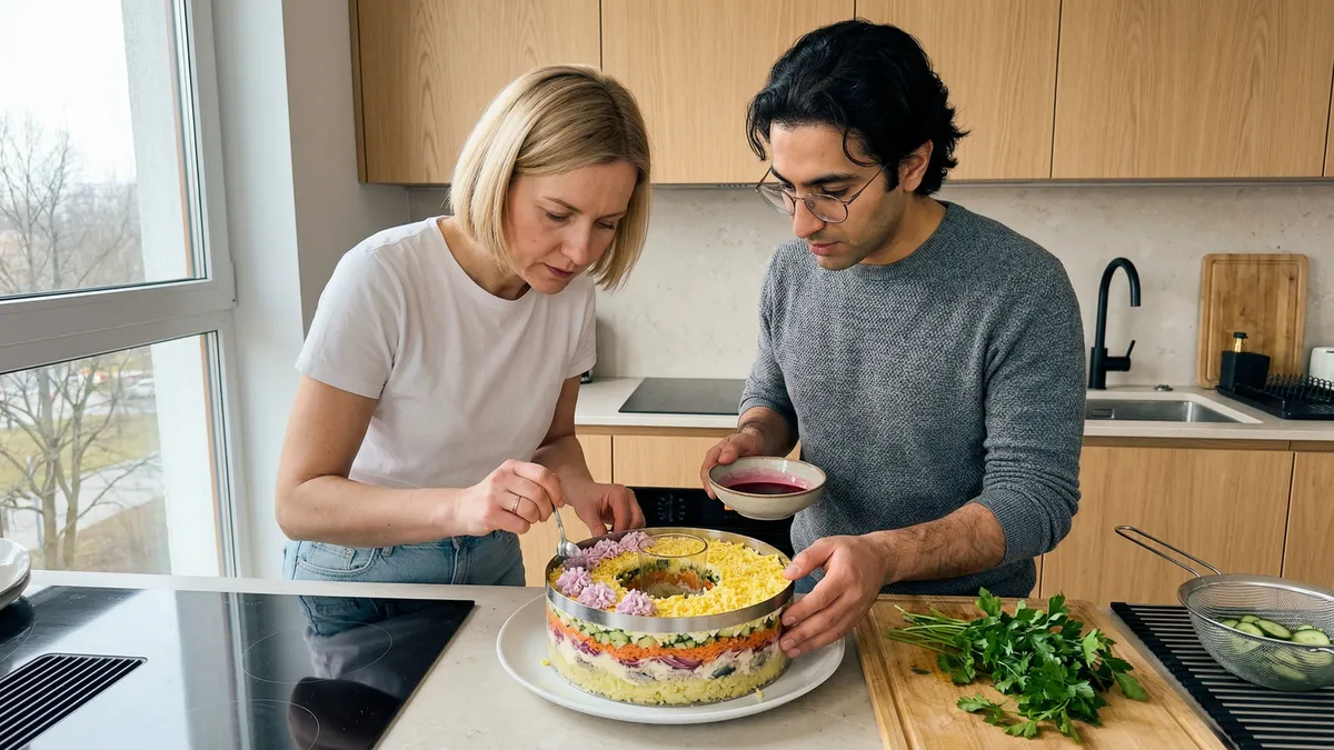 Warstwowa sałatka „Lilak” na Dzień Kobiet: prosty skład, sprytny trik z burakiem i efekt jak bukiet
