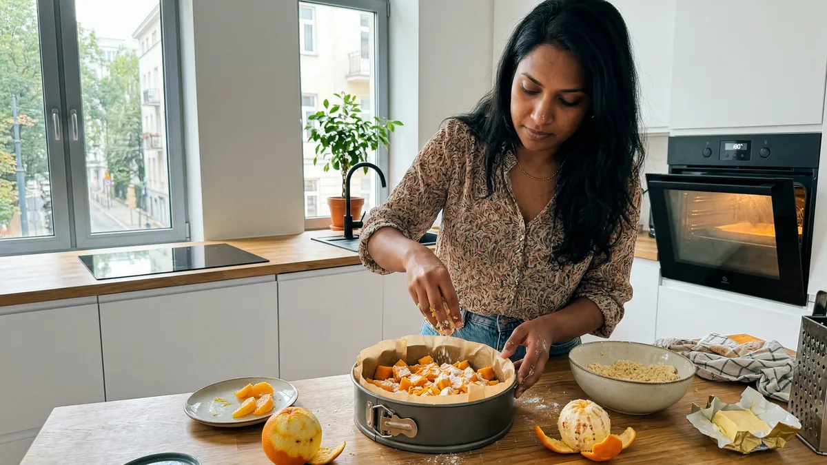 Wszystko w jednej formie: maślany placek z pomarańczami i kruszonką, który pięknie się kroi