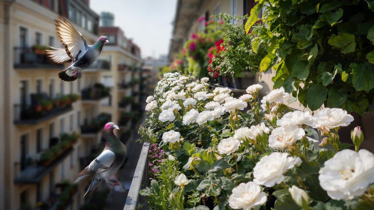 Biała róża, która zniechęca gołębie do lądowania w ogrodzie i na balkonie