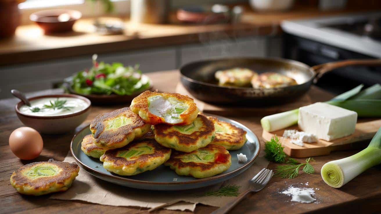 Chrupiące placuszki z pora i fety, które ratują kolację w 15 minut