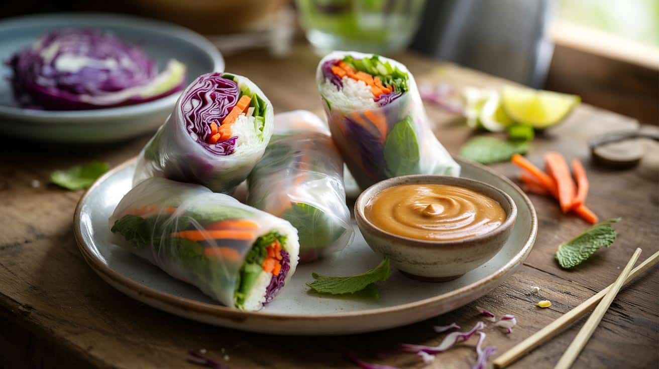 Chrupiące roladki z zimowych warzyw z kremowym sosem orzechowym w 20 minut