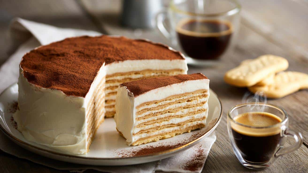 Ciasteczkowy przekładaniec kawowy bez pieczenia: miękki, pachnący i idealny na przerwę