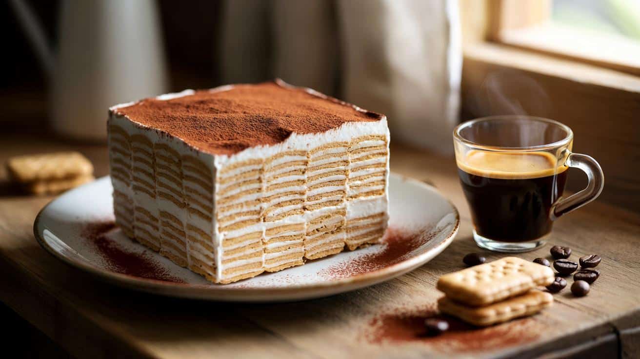 Ciasto z herbatników i kawy bez pieczenia to prosty deser, który znika ze stołu w kilka minut