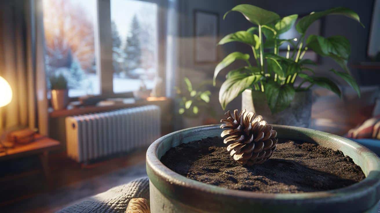 Dlaczego warto położyć szyszkę na doniczce zimą? Zaskakujący trik babci