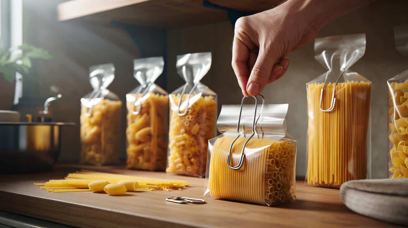 Jak użyć spinacza do papieru aby zamknąć otwarte opakowania makaronu
