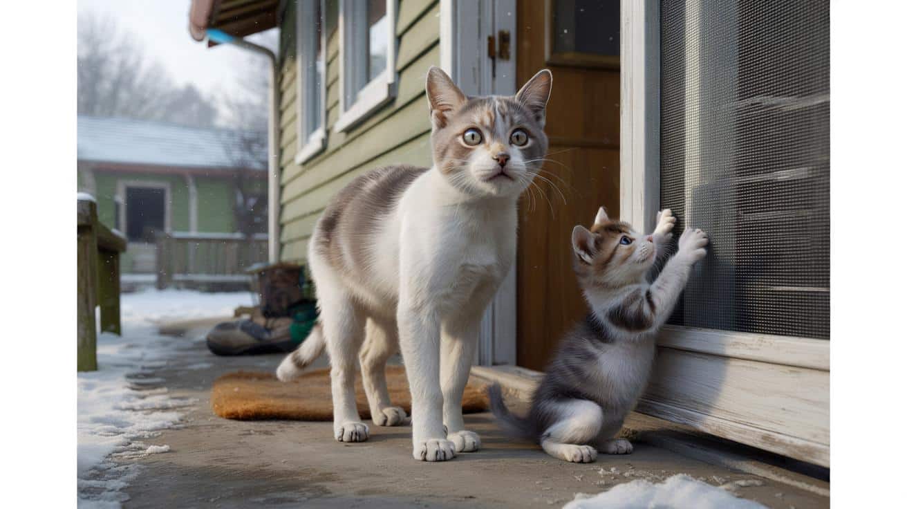 Kocica staje pod drzwiami i błaga o pomoc dla swoich młodych