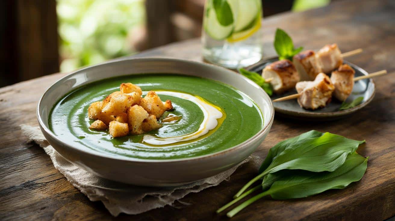 Kremowa zupa z czosnku niedźwiedziego z chrupiącymi dodatkami – hit wiosny