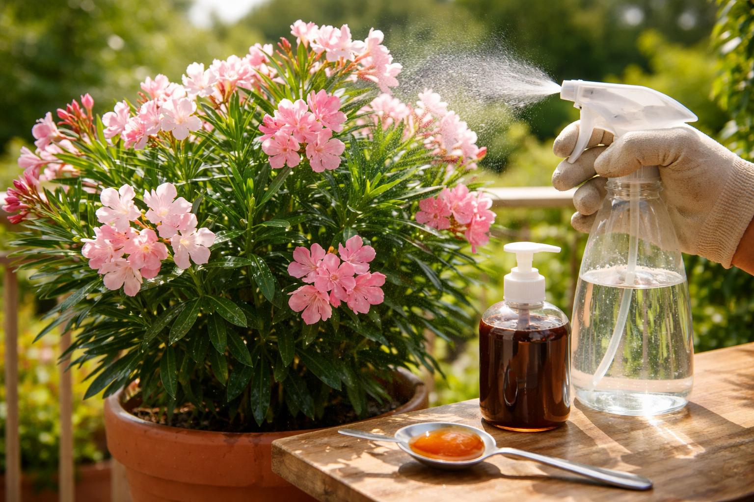 Łyżka taniego środka do wody i oleander kwitnie całe lato