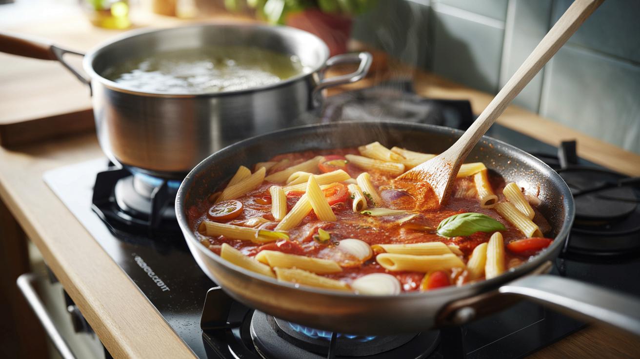 Makaron gotowany w sosie: trik, który skraca gotowanie o połowę