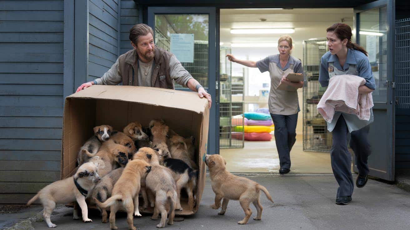 Mężczyzna przychodzi do schroniska z kartonem. W środku 15 szczeniaków