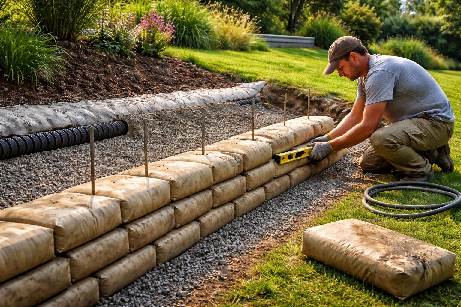 Mur oporowy z worków betonu: tani trik zamiast bloczków i szalunków