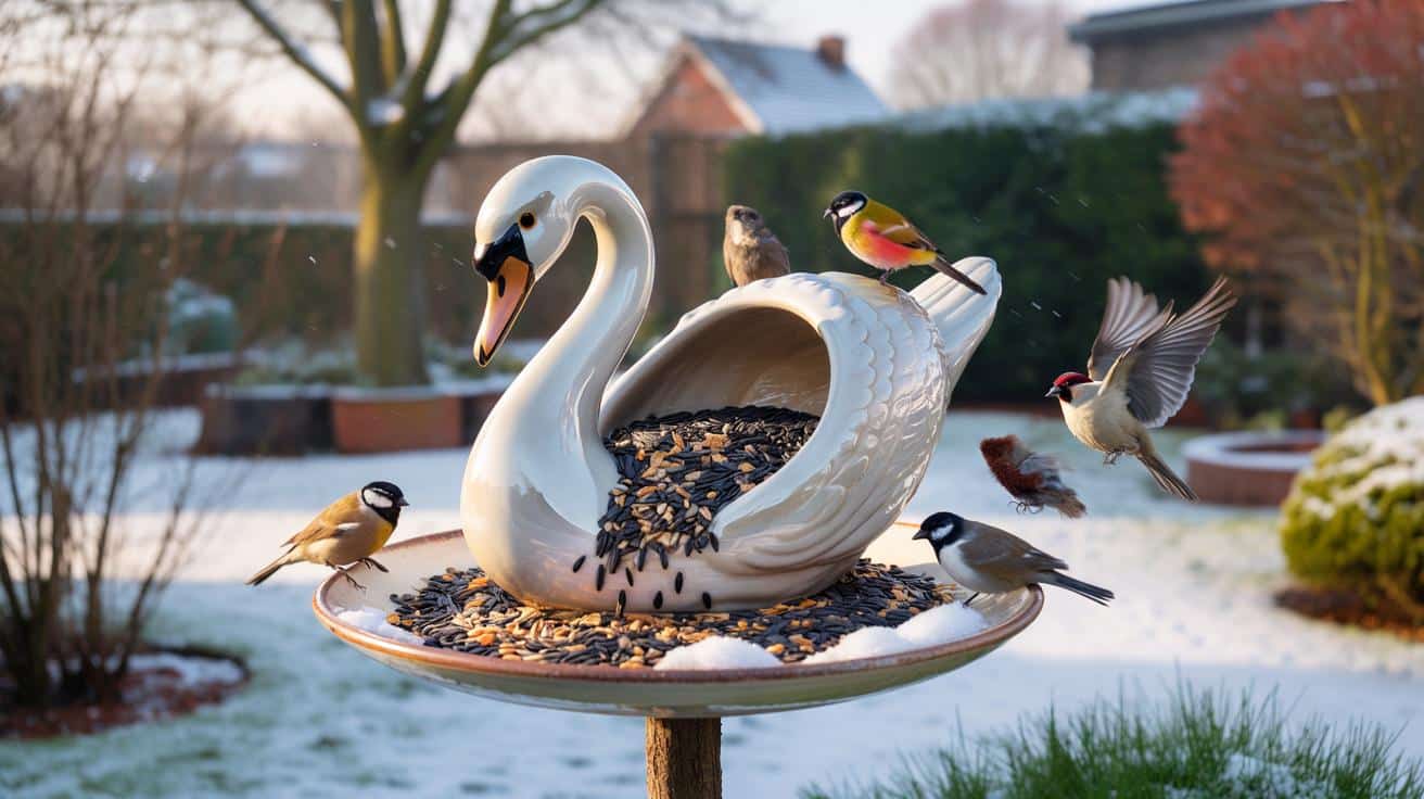 Nie wyrzucaj tego kiczowatego łabędzia z bazarku. Zrób z niego karmnik, który uratuje ptaki zimą