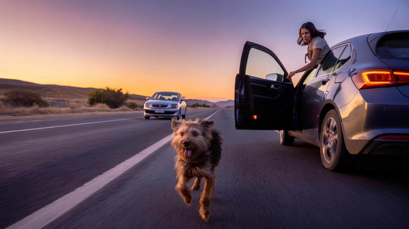 Pies biegnie za odjeżdżającym autem. Gdy kierująca pojmuje prawdę, gwałtownie hamuje