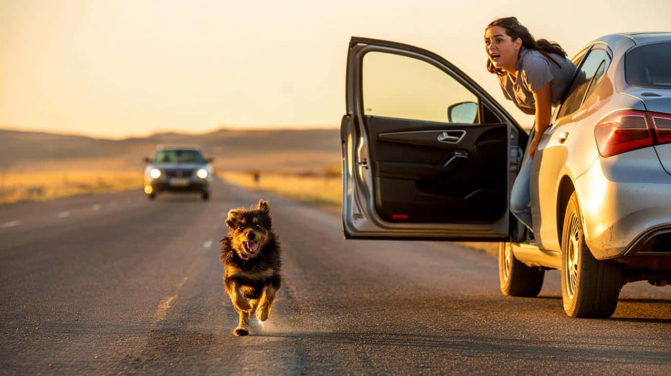 Pies rozpaczliwie goni auto na odludziu. Kierująca w ostatniej chwili robi coś niesamowitego