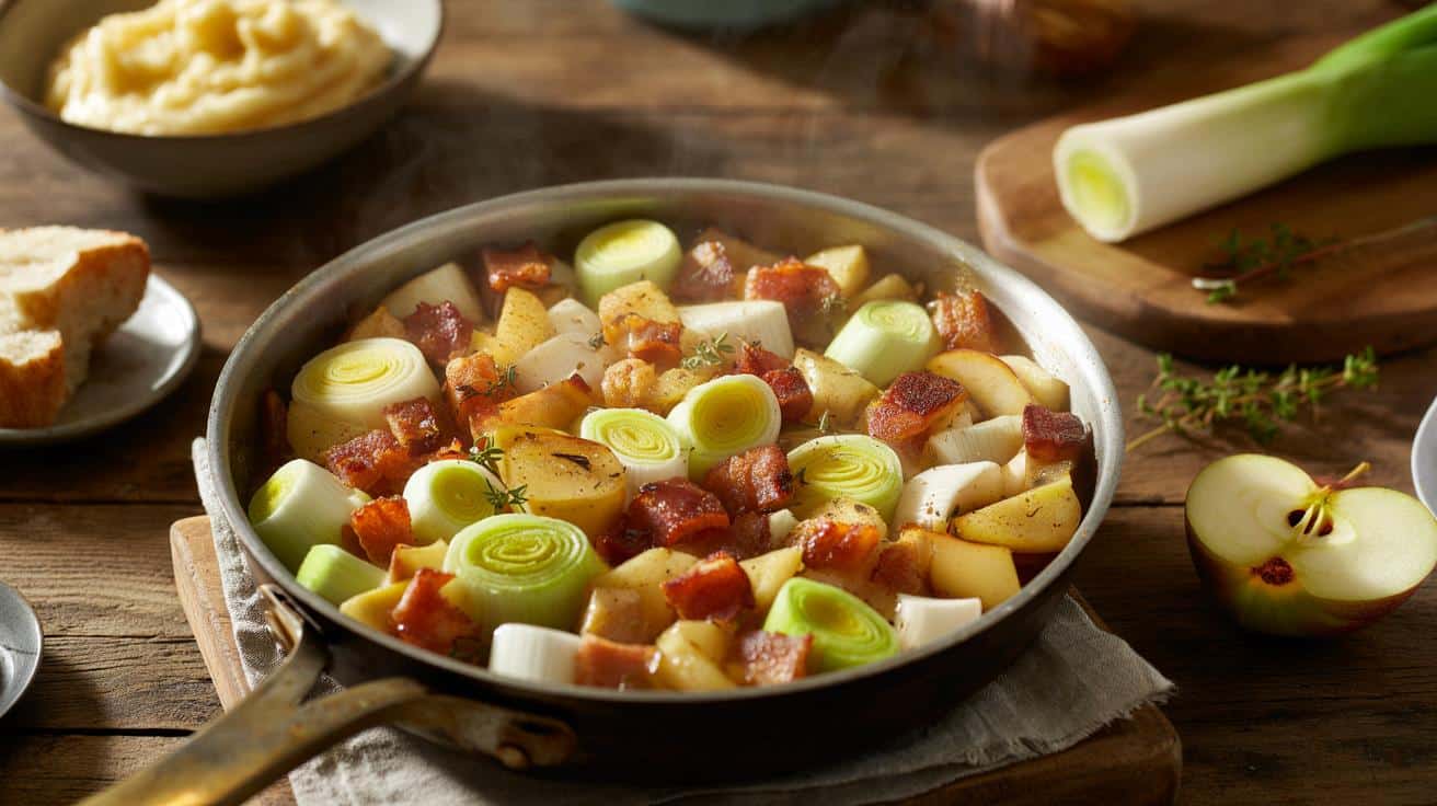 Połówka patelni, pełny obiad: por le, jabłka i boczek w 20 minut