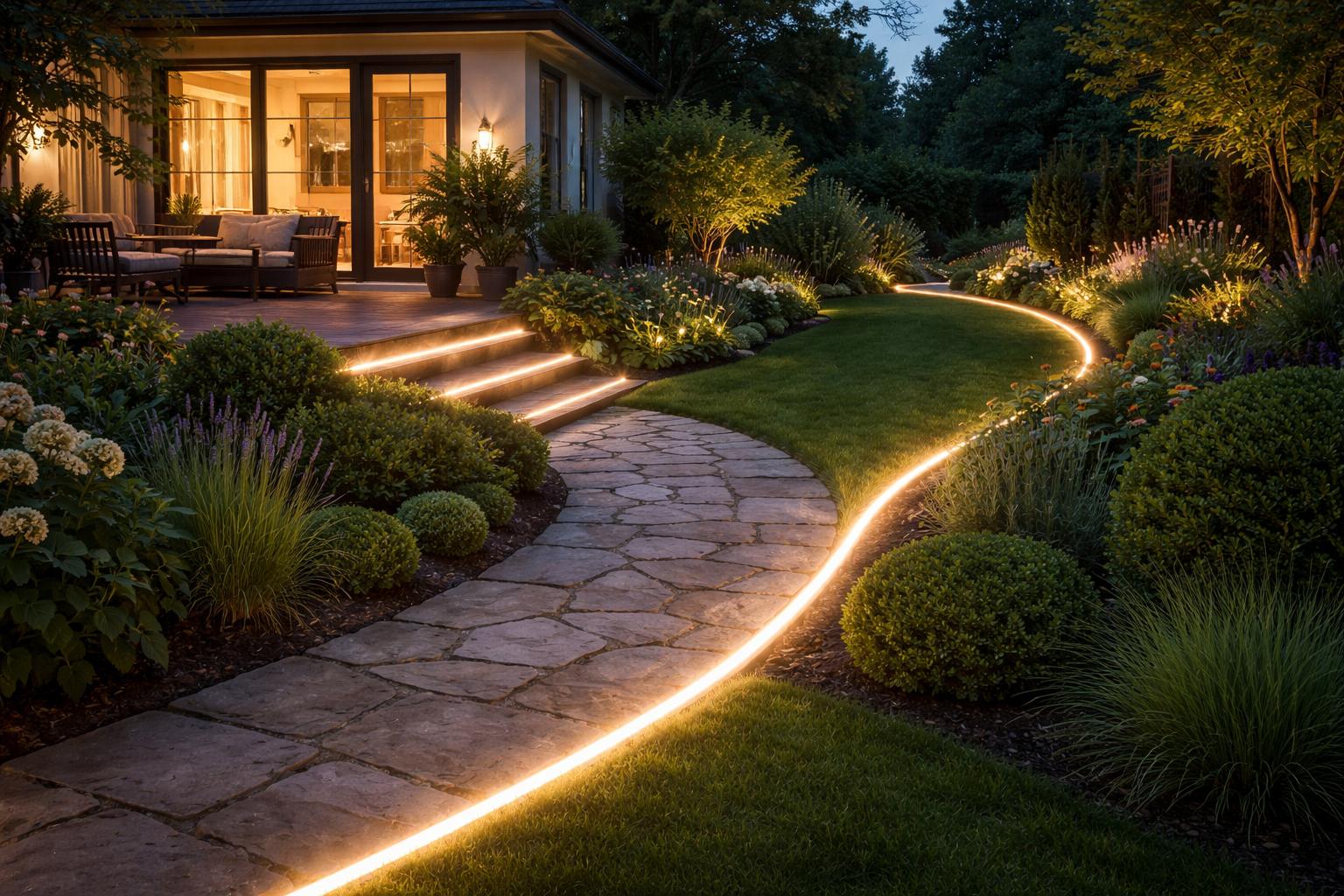 Prosty trik na ogród jak z katalogu: świetlna linia przy ścieżce zmienia wieczory