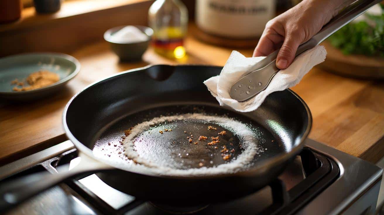 Prosty trik z solą który sprawia że patelnia żeliwna pozostaje idealnie czysta bez detergentów