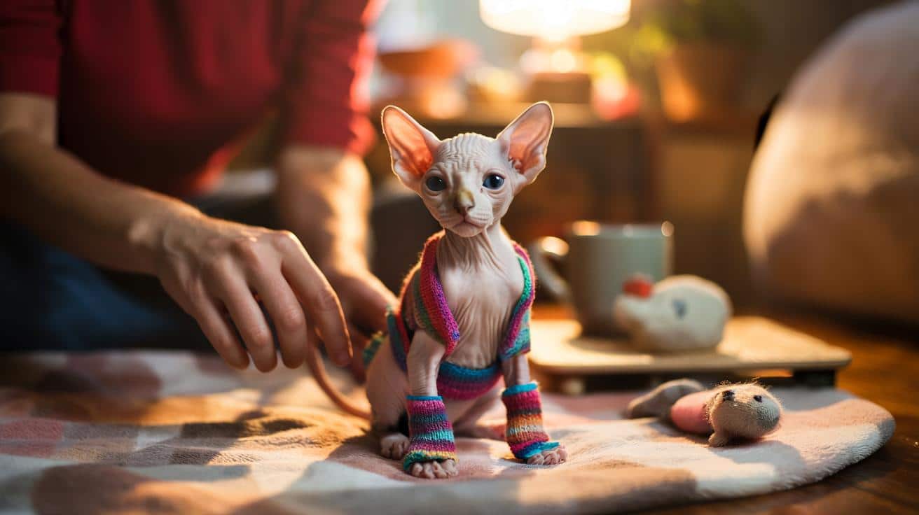 Przemarznięty kociak rasy sfinks dostał sweterek z… skarpetek. To uratowało mu życie