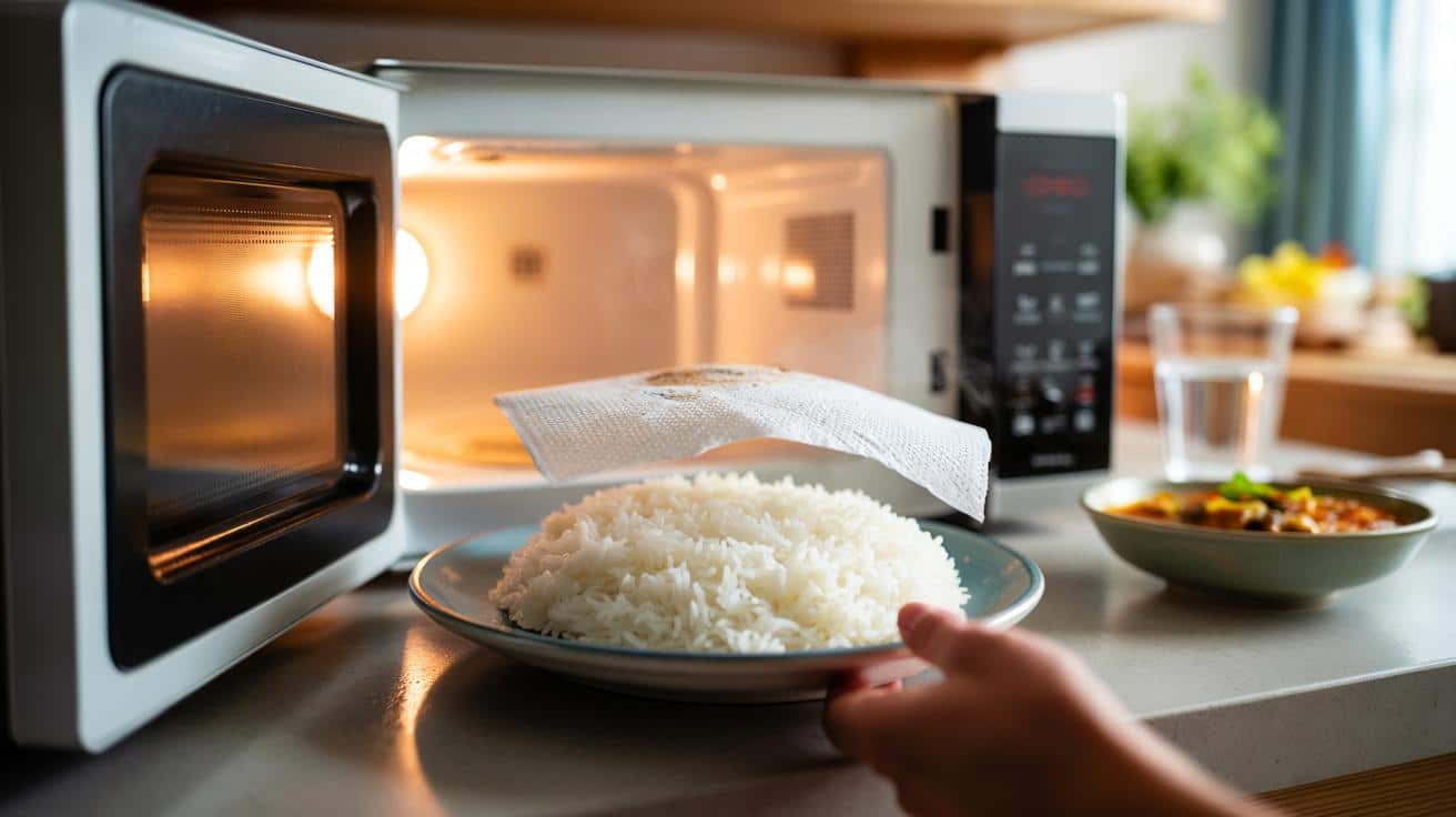 Przykryj talerz wilgotną serwetką w mikrofalówce a ryż nie wysycha i nie twardnieje