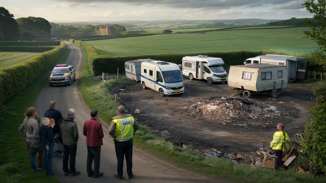 Rodzina w kamperach żąda fortuny za wyjazd z pola w Dinton