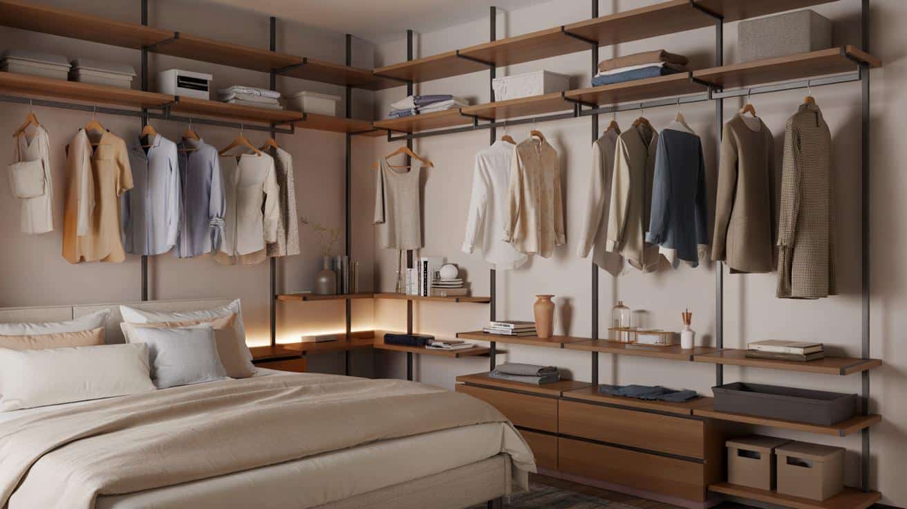 Sprytny sposób na ciężką szafę w sypialni: otwarty regał zamiast przytłaczającego mebla